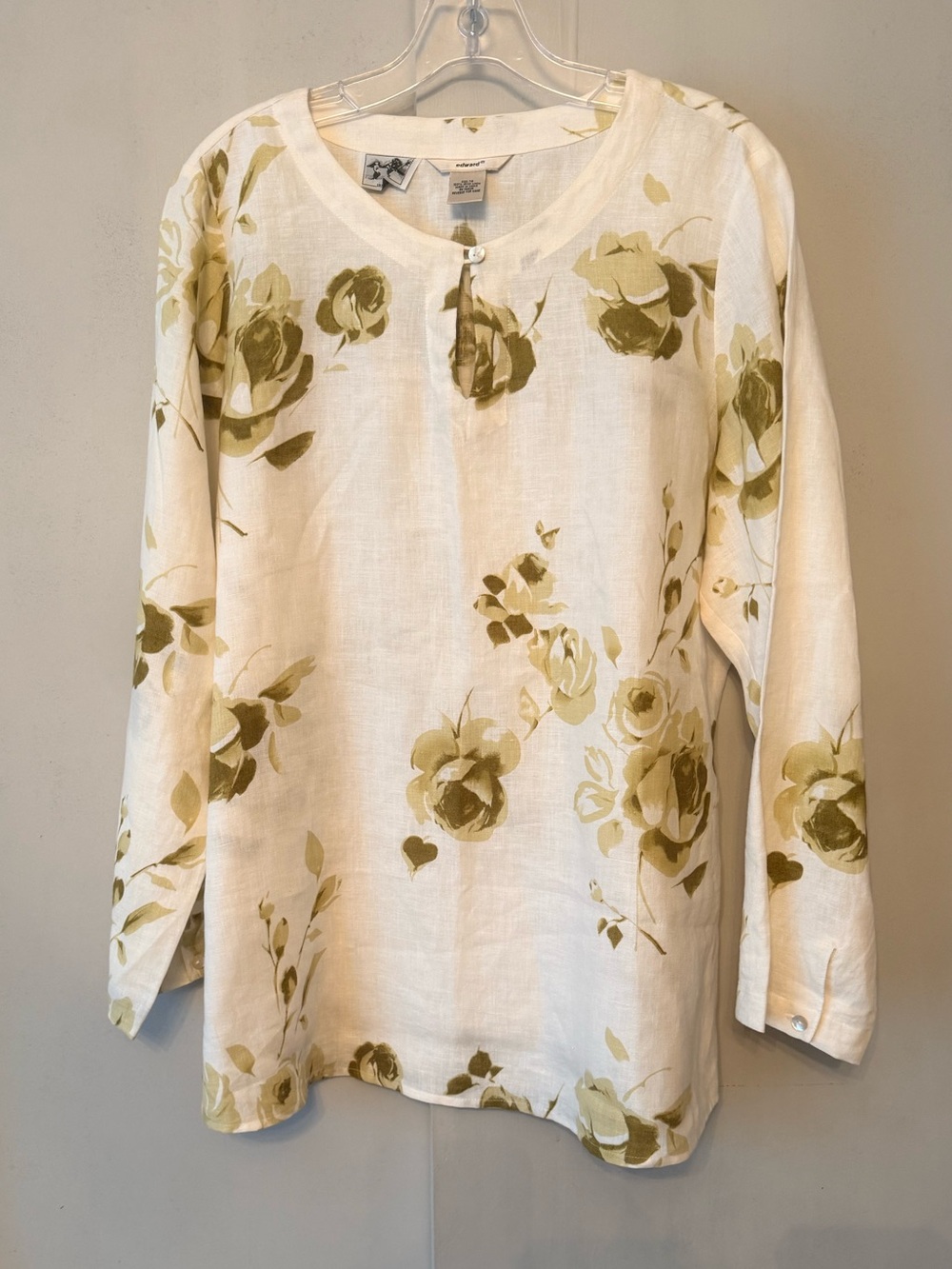 Light Floral Linen Tunic - Olive Roses Green on Cream background